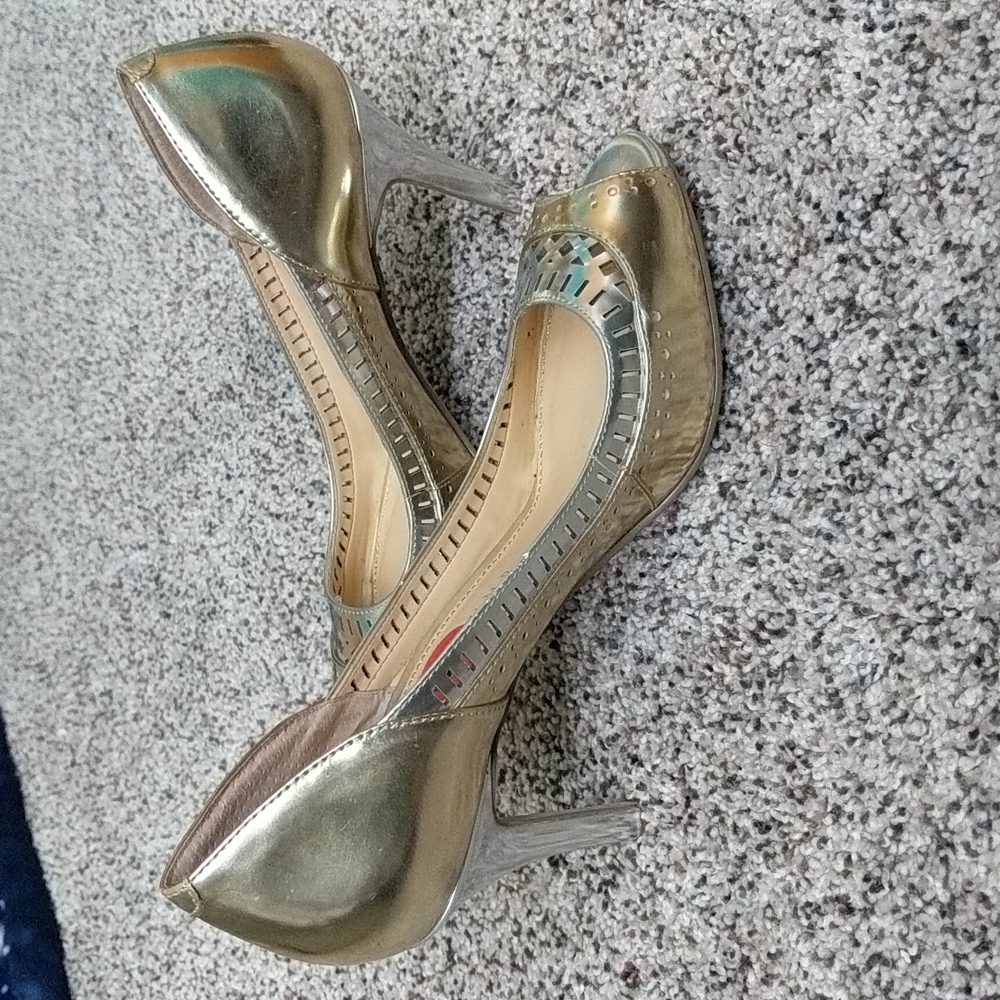 Women's gold and silver peeptoe heels